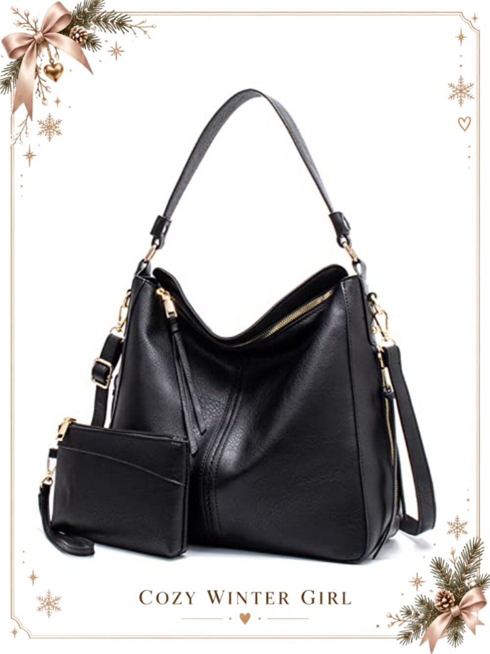 Hobo Bag Vegan Leather Shoulder Crossbody Purse with Wallet 2PC Set